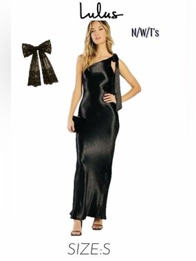 Lulu's Sleek Black One-Shoulder with Bow, shimmer Gown.